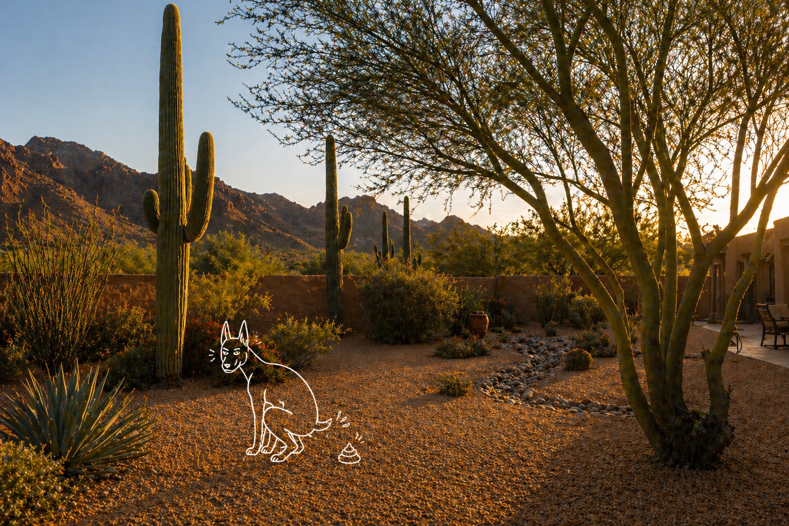 Desert yard with dog