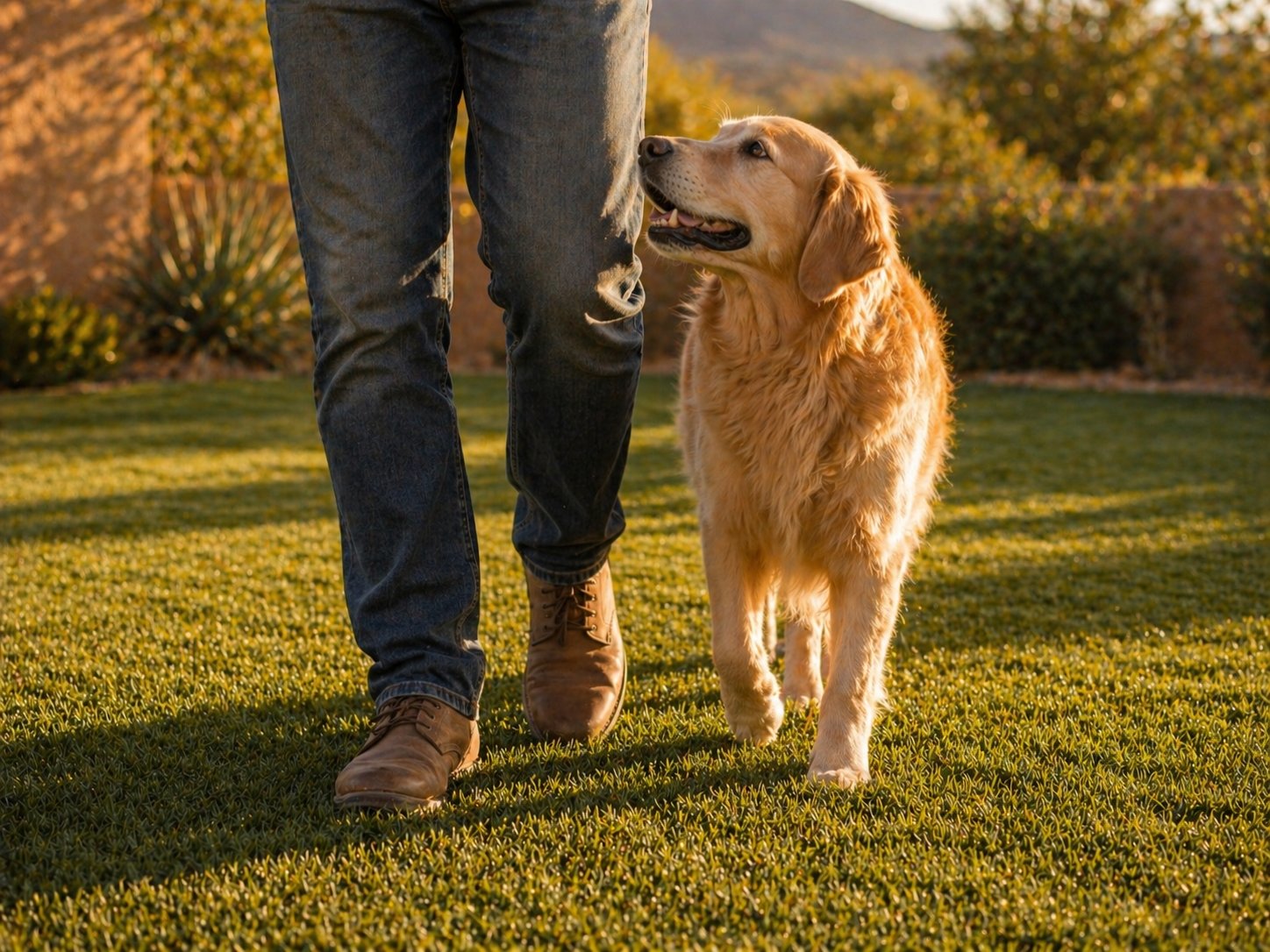 Owner and dog enjoying yard